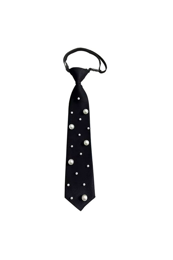 Pre Knotted Black Necktie With Artificial Pearls Detail Polyester Fabric Quick Wear Pre Tied Tie For Womens Fashion