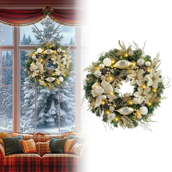 Pre-Lit 12 Inch Champagne Gold Christmas Wreath for Front Door, 1Pc Lighted Holiday Door Wreath with Ball Ornaments, Ribbon & Pine Cones, Battery Operated