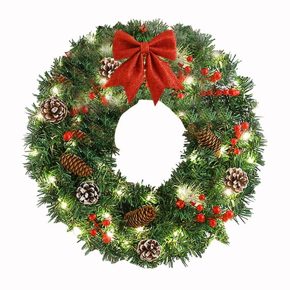 Pre-Lit 18 Inch Artificial Christmas Wreath - 40 LED Lights, Red Bow/Cones/Berries, Classic Style for Christmas Wreath & Christmas Front Door Decor