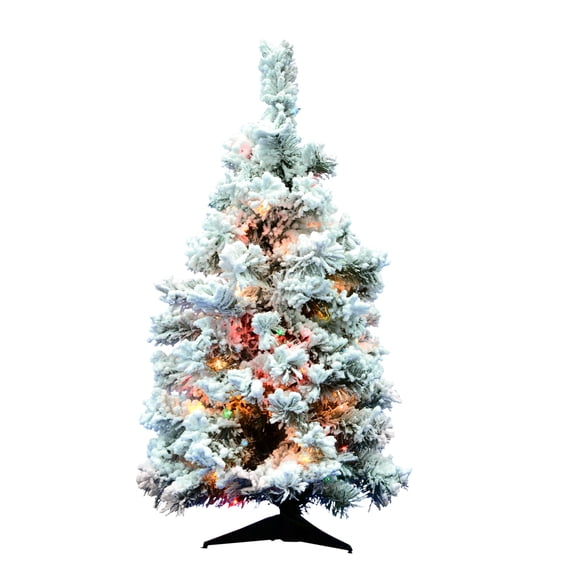 Pre-Lit 36" x 24" Alaskan Dura-Lit Artificial Christmas Tree, Flocked White on Green, Multi-Colored Lights