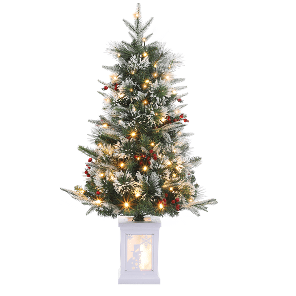 Pre‑Lit 3ft Mini Tabletop Christmas Tree, Artificial Pine Xmas Tree, 78 Warm White LEDs, 8 Light Modes, Snow‑Flocked White Base, Pine Cones & Red Fruits for Holiday Home Party Decoration