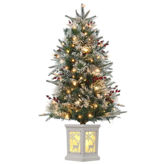 Pre‑Lit 3ft Mini Tabletop Christmas Tree, Artificial Pine Xmas Tree, 78 Warm White LEDs, 8 Light Modes, Snow‑Flocked White Base, Pine Cones & Red Fruits for Holiday Home Party Decoration