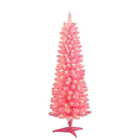 CC Christmas Decor Pre-lit Flocked Pink Pencil Artificial Christmas Tree - 4.5’ - Clear Lights