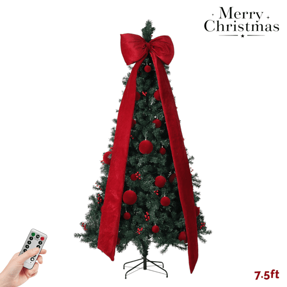 Pre-Lit 7.5FT Artificial Christmas Tree with 1600 Branch Tips, Warm White LED Lights (8 Modes), Red Bow & Ball Ornaments, Sturdy Metal Stand, Easy Setup (Dark Green)