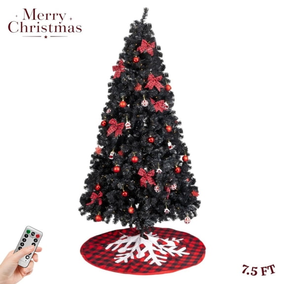 Pre-Lit 7.5FT Black Christmas Tree with 350 LED Lights, 1200 Branch Tips, Red-themed Ornaments, Snowflake Tree Skirt, 8 Light Modes – Includes Remote Control & Easy Assembly