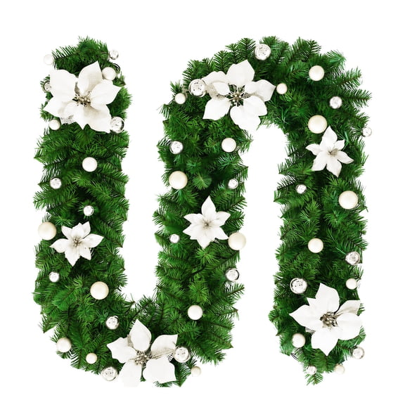 HioHa 9ft Christmas Garland, Artificial Garland with White Poinsettias and Ball Ornaments, Holiday Decor for Mantel Staircase, White