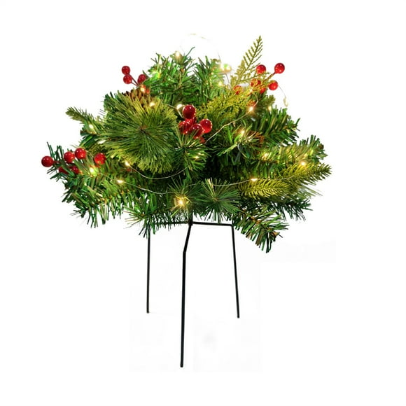 Pre-Lit Artificial Christmas Grave Blanket with Red Berries, Pine Cones, Battery Operated LED Lights, Outdoor Holiday Decoration
