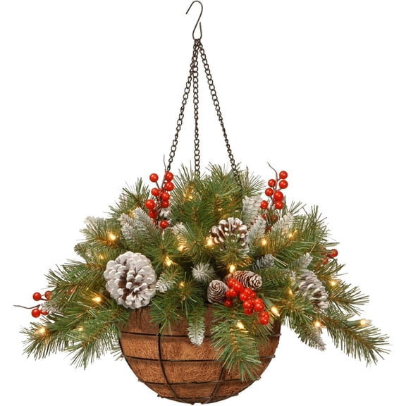 Pre-Lit Artificial Christmas Hanging Basket, Artificial Christmas Hanging Basket with LED String Lights, Christmas Tree Basket Frosted Pine Cones, Red Berry Clusters for Porch Front Door (2pcs)