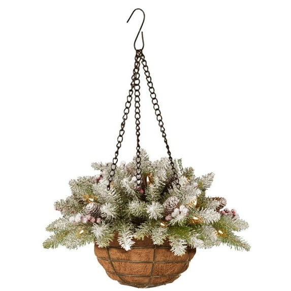 Pre-Lit Artificial Christmas Hanging Basket,Outdoor Holiday Decoration with Pine Cones Berry Clusters Frosted Branches, Xmas Hanging Basket for Indoor Garden Porch Window Box Home Wedding Decor