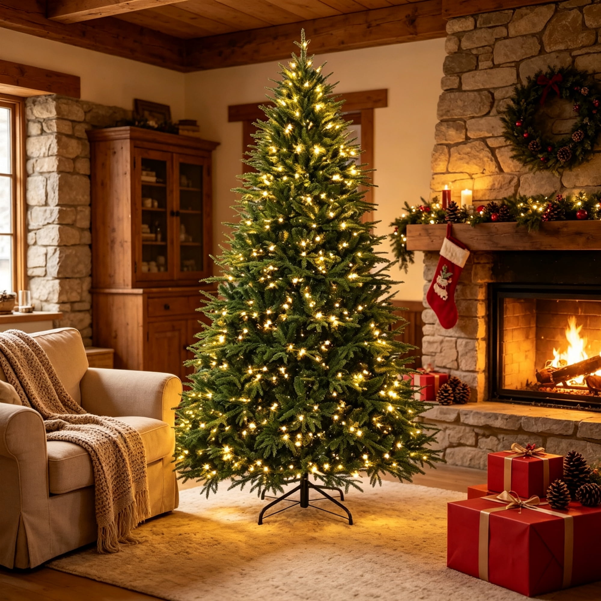 Pre-Lit Artificial Christmas Tree, 7.5 ft, 3719 Branch Tips, 1000 Warm White LED Lights, Hinged Sections, Metal Base