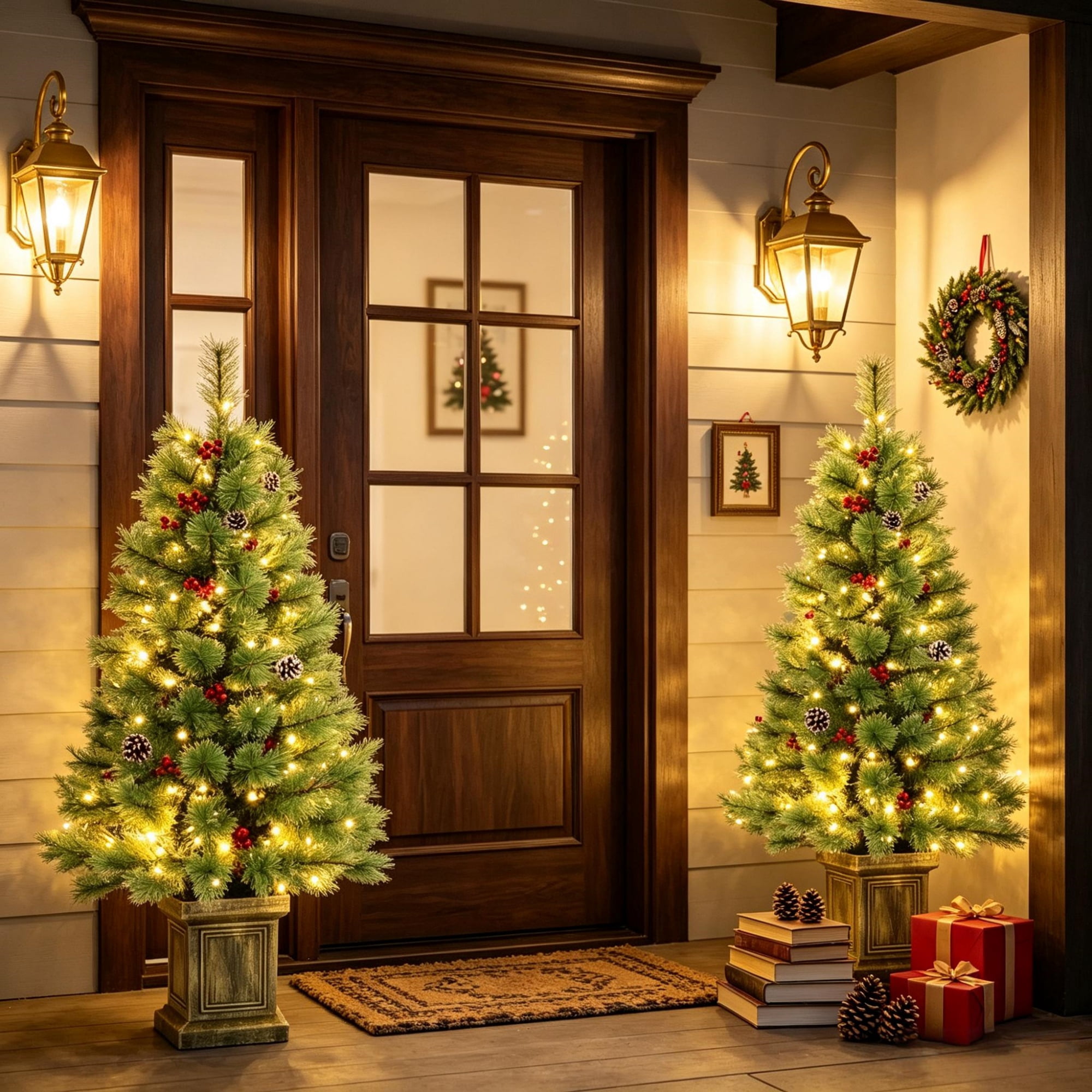 Pre-Lit Artificial Christmas Tree Set, 2 Matching Potted Pine Trees with Dual-Color LED Lights and Remote, 4 ft, 95 Tips Each