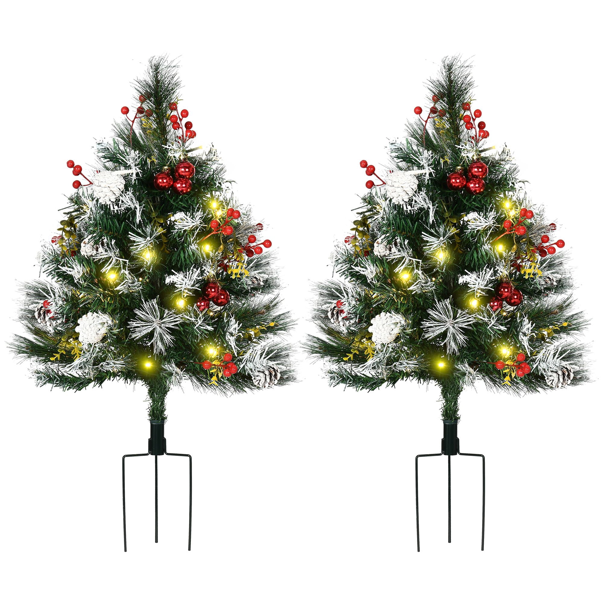 Pre-Lit Artificial Christmas Tree Set, 2 ft Cordless LED Trees with 70 Branches, Red Berries, Pine Cones, Balls, Battery Operated, 2-Pack