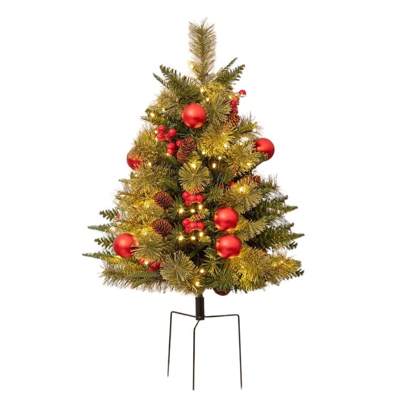 Pre-Lit Artificial Christmas Tree Urn Filler - 2FT Battery Operated Outdoor Planter Decor with Lights, Red Berries, and Triangular Stand for Holiday Home & Festive Decor