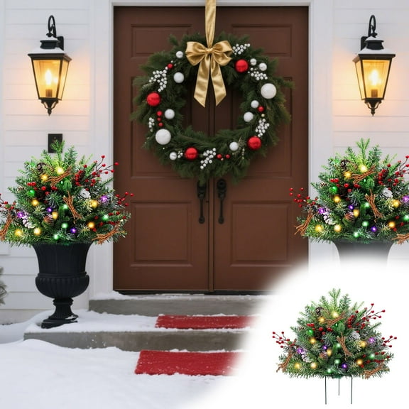 Pre-lit Artificial Christmas Tree Urn Filler, Faux Holiday Planter Filler with Tripod Stake, Light Up Outdoor Christmas Tree Frosted Urn Fillers Festival Decor for Porch, Yard, Garden(B)