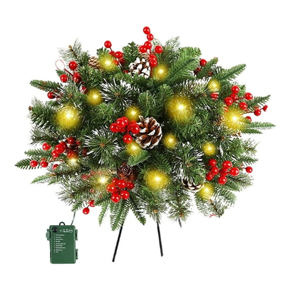 Pre-Lit Artificial Christmas Tree Urn Filler with LED Lights, Feel Real Planter Pot Filler Bushes for Outdoor Front Porch, Holiday Decoration with Tripod Stake, 20in