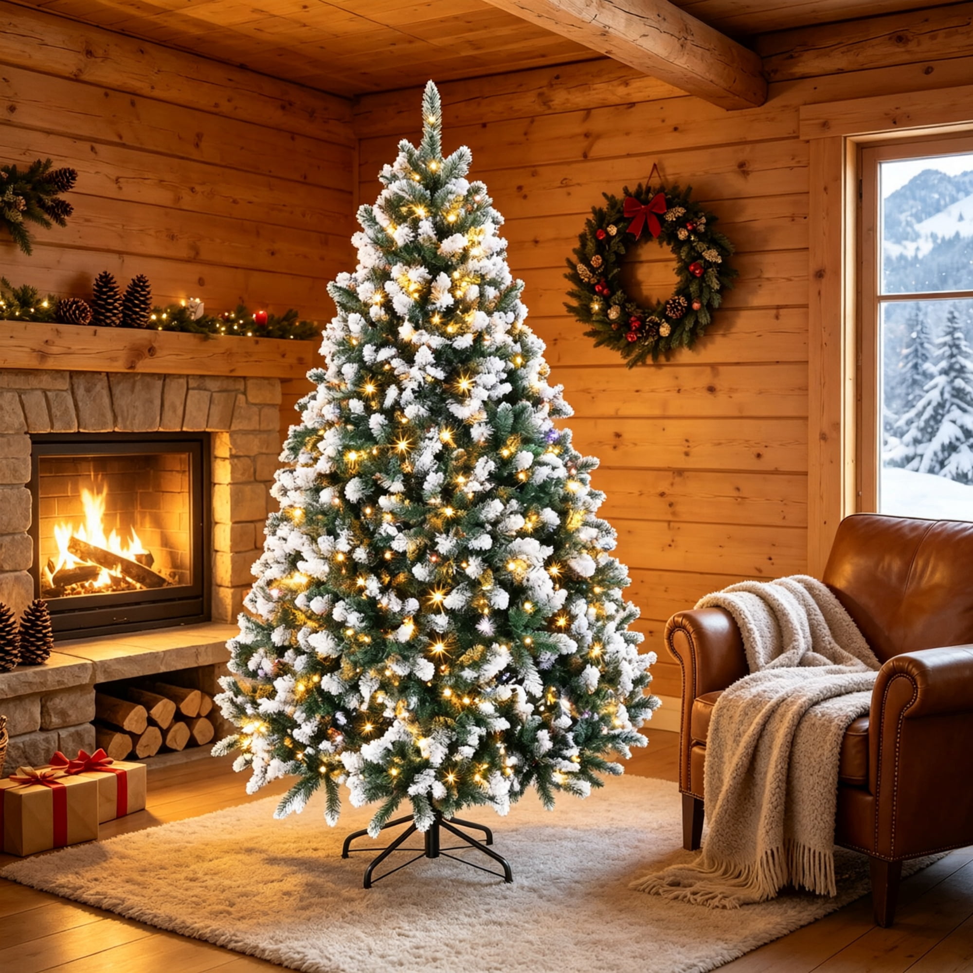 Pre-Lit Artificial Christmas Tree with Hinged Branches, 6 ft, 1020 PVC Tips, 350 Dual-Color LED Lights, Remote Control, Metal Base