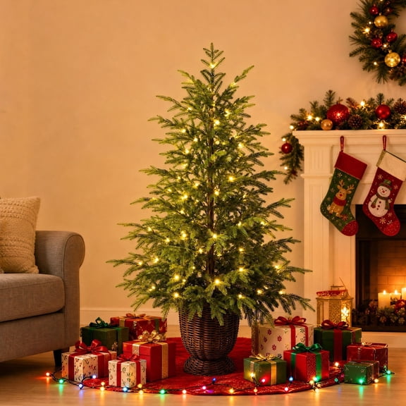Pre Lit Artificial Christmas Tree with Woven Rattan Basket Base, Green Lighted Fir Tree for Indoor Home Entryway Holiday Decoration (A, 35.4in)
