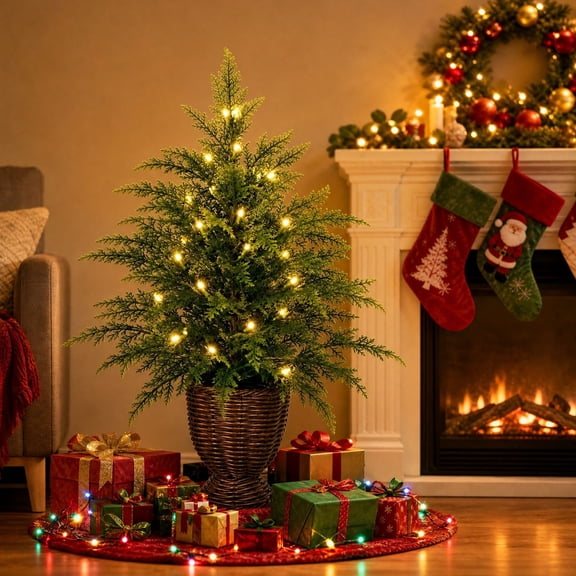 Pre Lit Artificial Christmas Tree with Woven Rattan Basket Base, Green Lighted Fir Tree for Indoor Home Entryway Holiday Decoration (B, 23.6in)