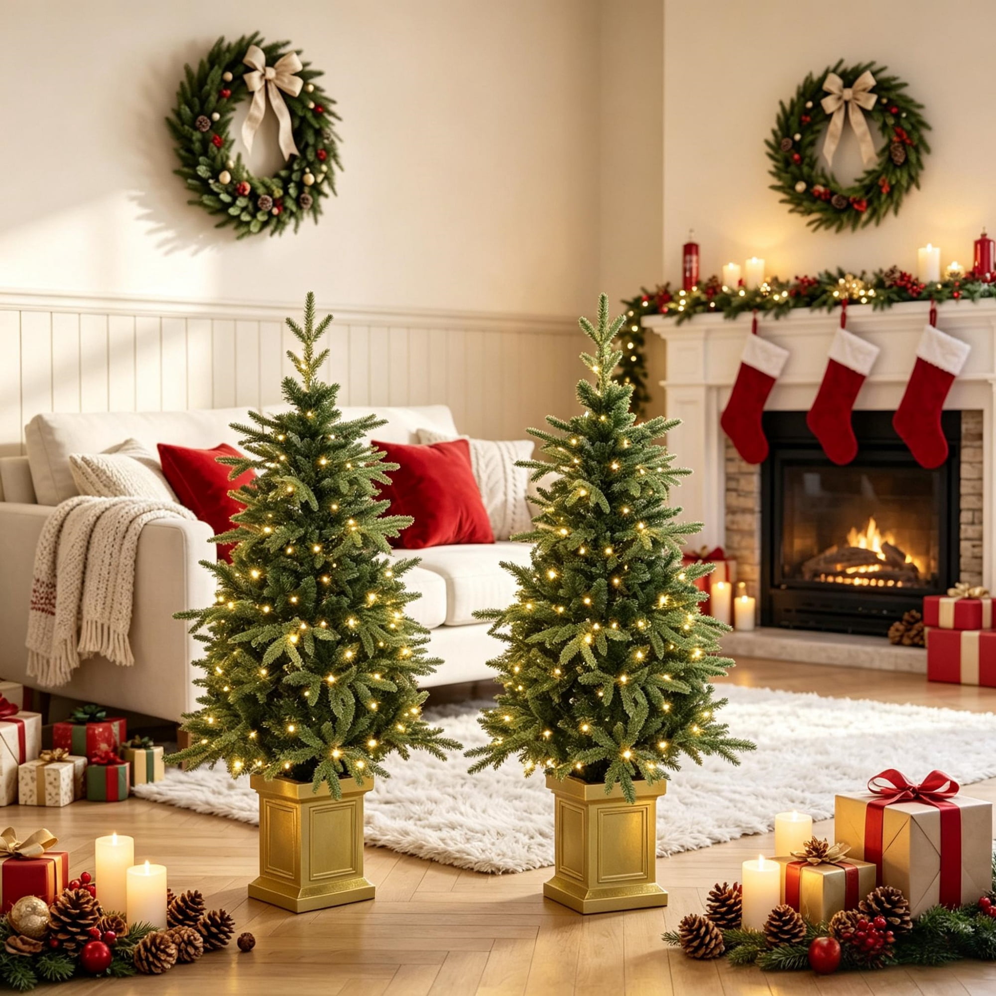 Pre-Lit Artificial Christmas Trees, Set of 2, 4 ft, 110 LEDs Each, 11 Lighting Modes, Remote Control, Battery Operated, Decorative Pot Bases