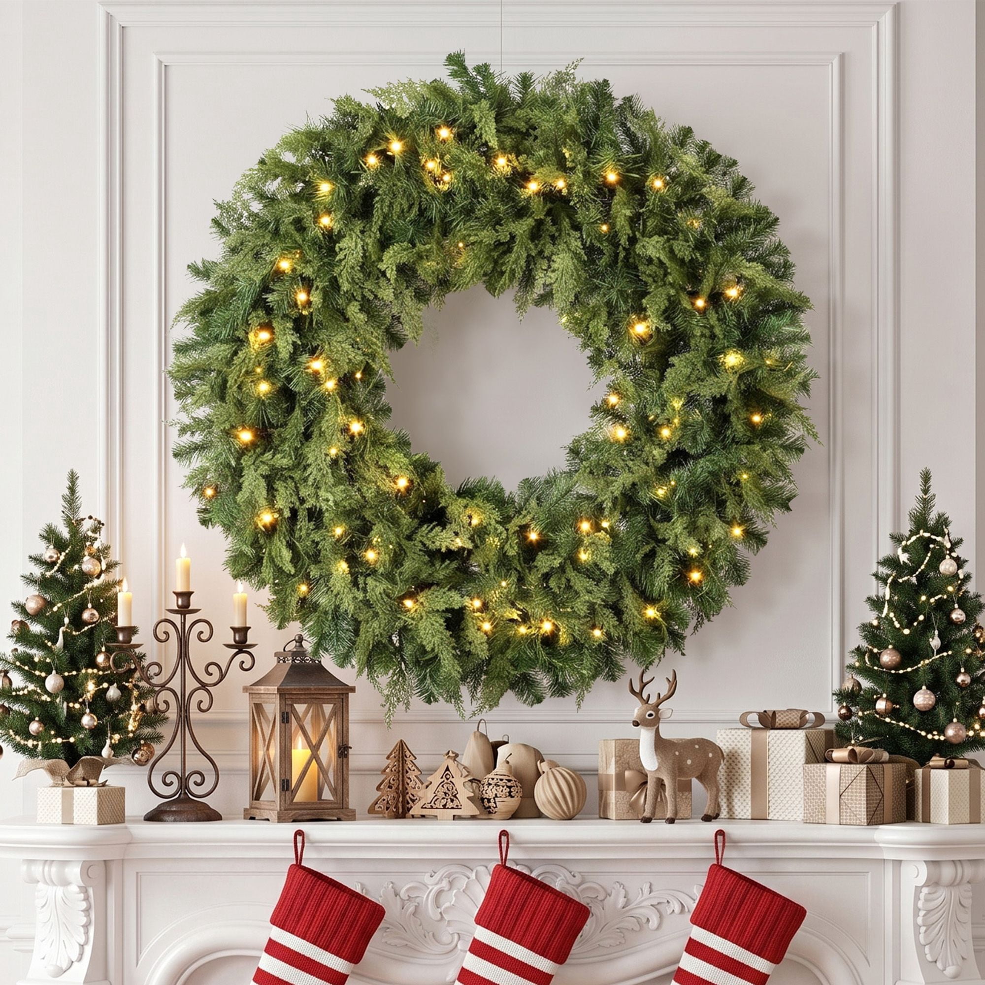 Pre-Lit Artificial Christmas Wreath, 36-Inch Cedar-Style Greenery with 100 Warm White LED Lights, 8 Lighting Modes, 360 Tips, Indoor and Covered Outdoor Holiday Decor for Front Door, Porch, or Mantel