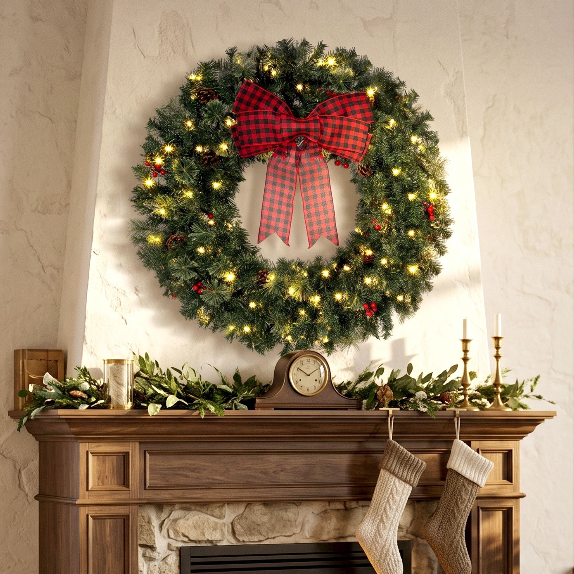 Pre-Lit Artificial Christmas Wreath, 36-Inch Crestwood Spruce with 100 Warm White LED Lights, 8 Modes, Red Berries, Pinecones, Buffalo Plaid Bow, Indoor and Covered Outdoor Use