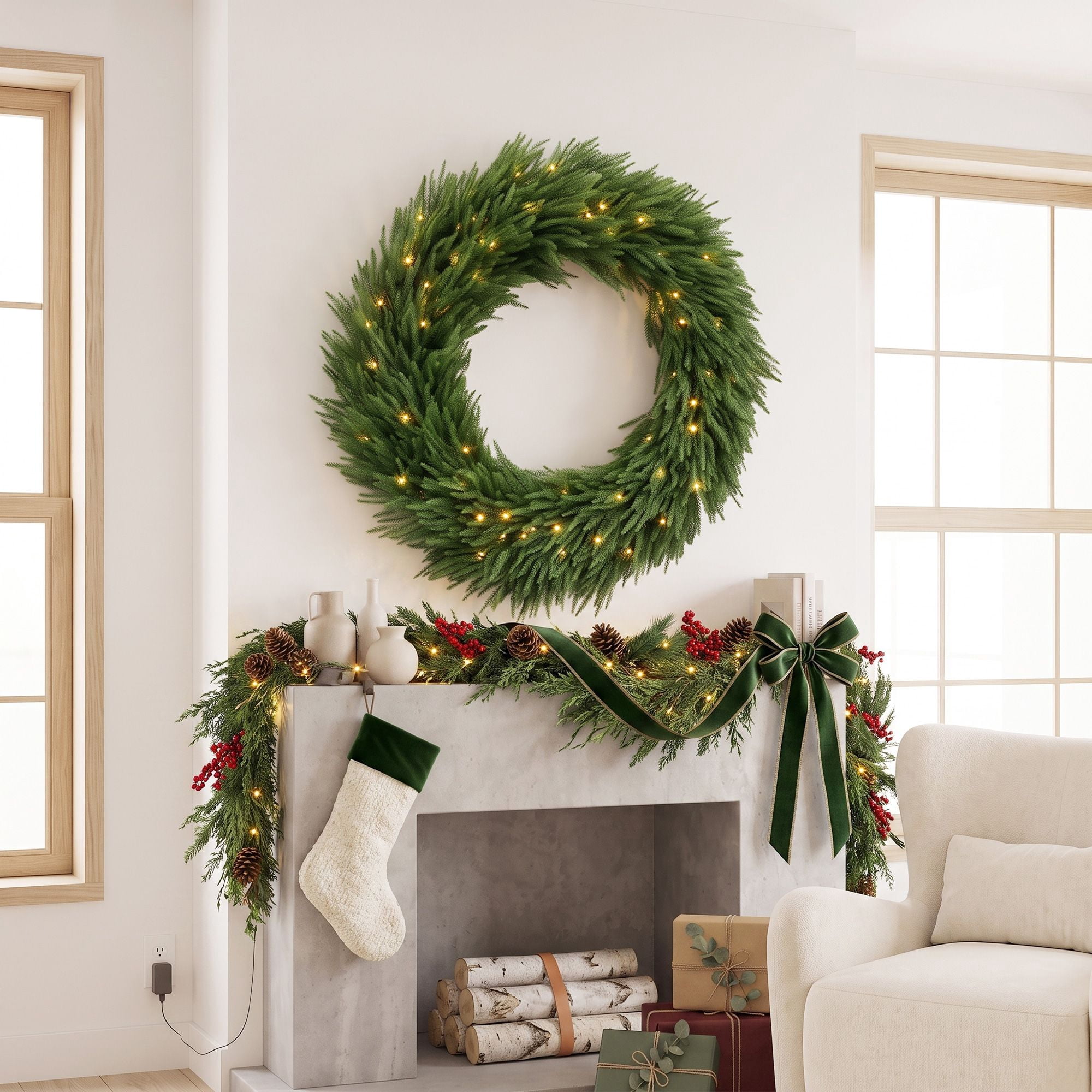 Pre-Lit Artificial Christmas Wreath, 36 in Norfolk Pine Design with 100 Warm White LED Lights, 560 Branch Tips, Indoor and Covered Outdoor Holiday Door Decor