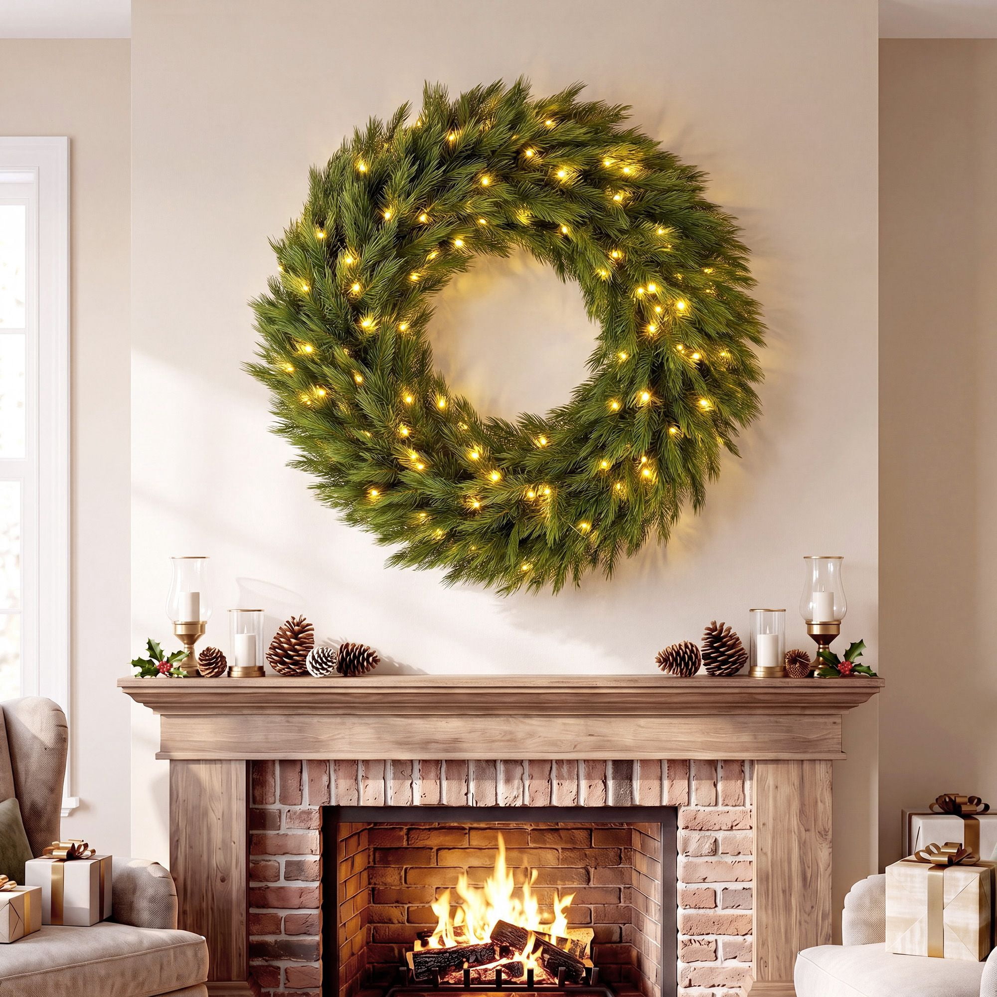 Pre-Lit Artificial Christmas Wreath, 36 in Norwegian Spruce with 100 Warm White LED Lights, 450 Branch Tips, Indoor and Covered Outdoor Holiday Door Decor