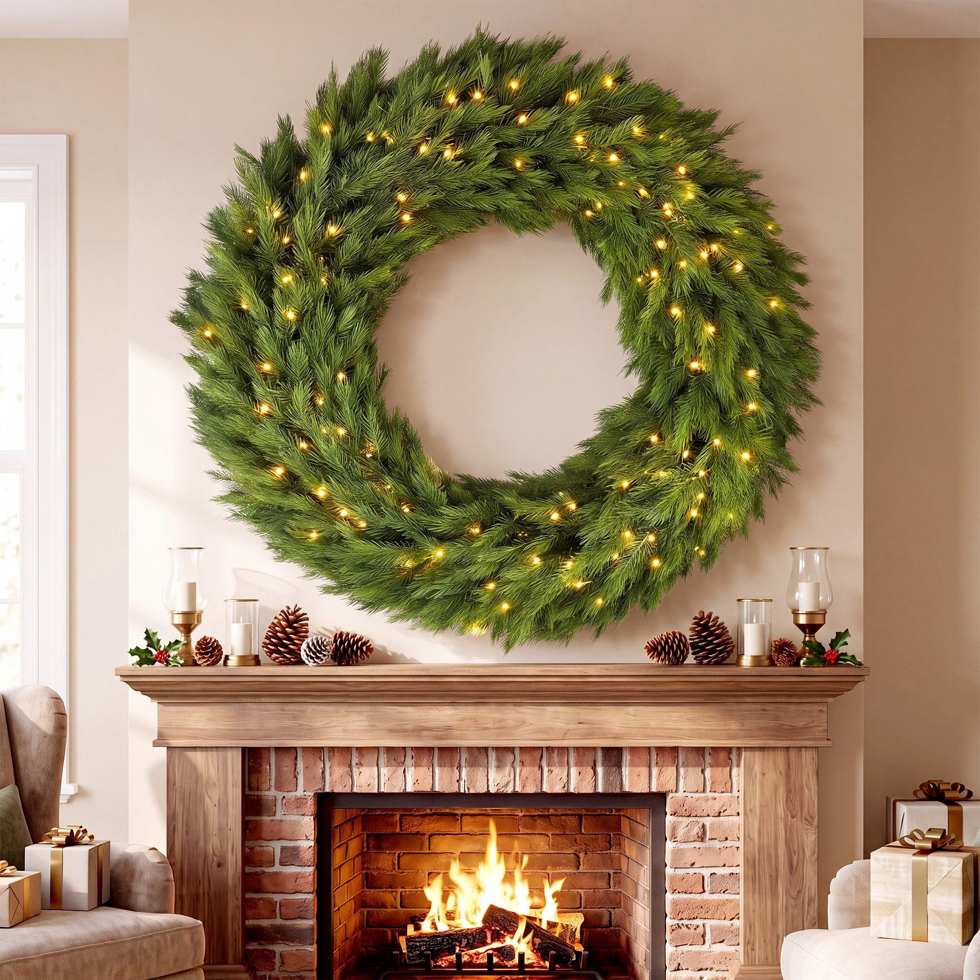 Pre-Lit Artificial Christmas Wreath, 48 in Norwegian Spruce with 150 Warm White LED Lights, 750 Branch Tips, Indoor and Covered Outdoor Holiday Door Decor
