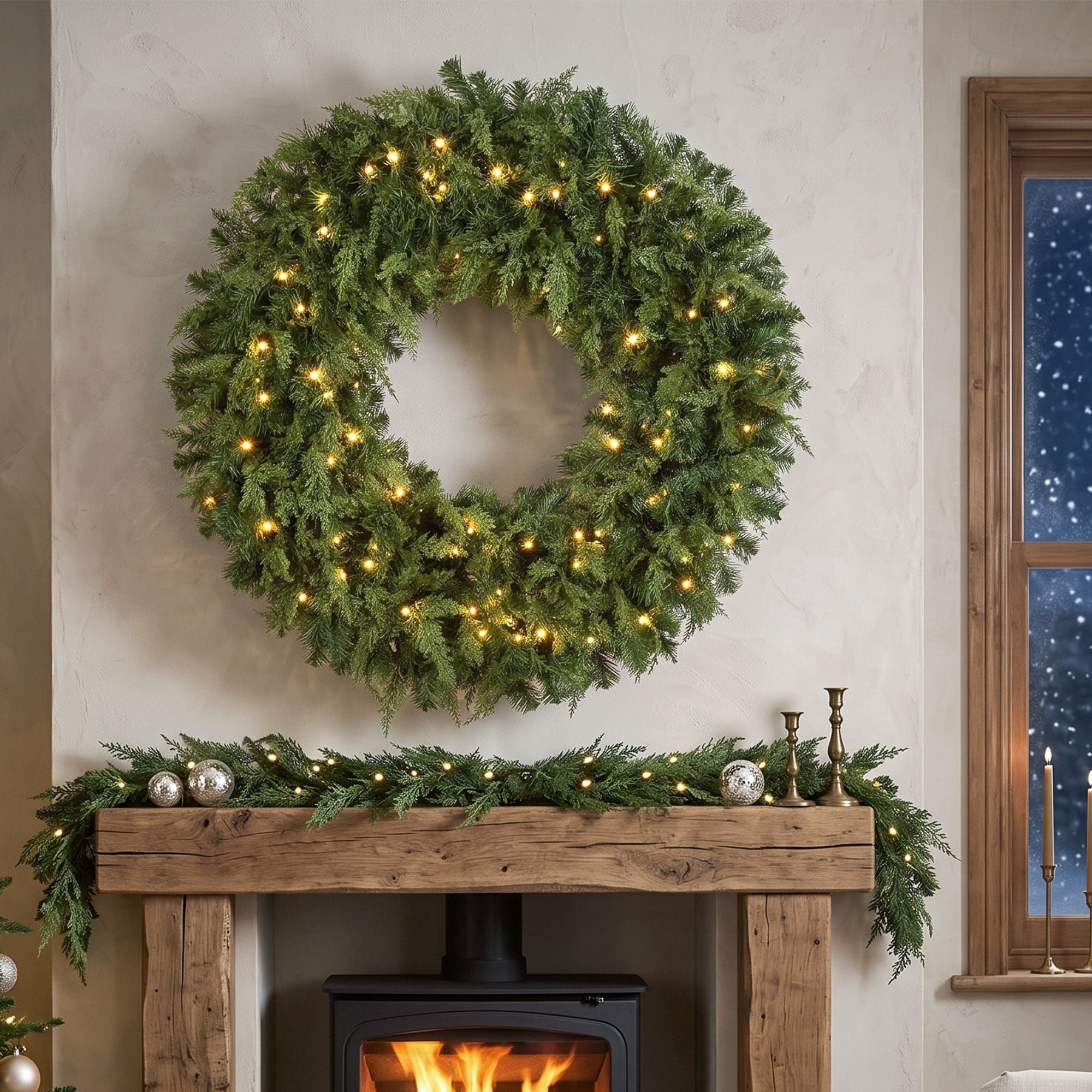 Pre-Lit Artificial Christmas Wreath, 48 in Cedar Design with 150 Warm White LED Lights, 8 Modes, 550 Tips, Indoor and Covered Outdoor Use