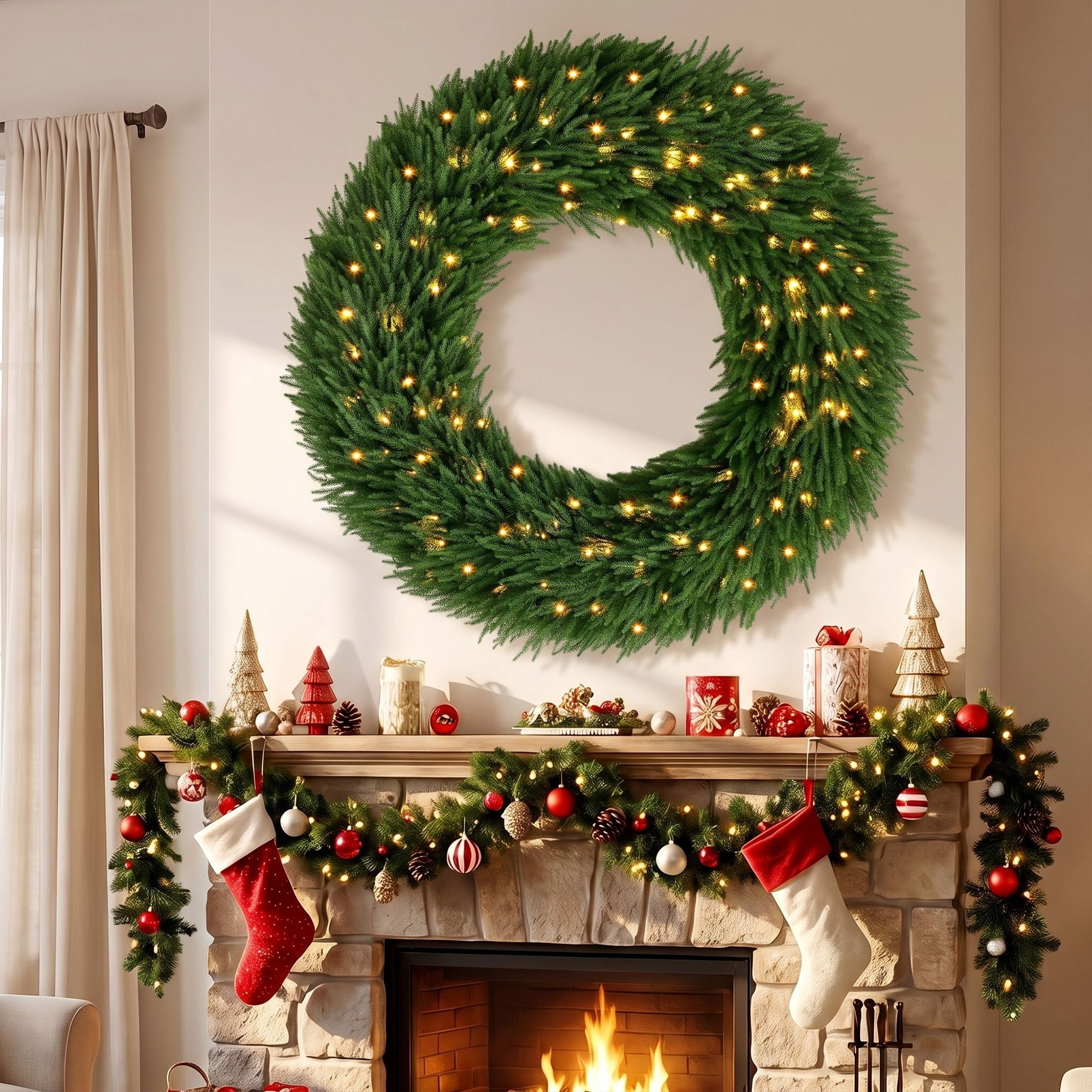 Pre-Lit Artificial Christmas Wreath, 48 in Norfolk Pine with 150 Warm White LED Lights, 770 Tips, Indoor and Covered Outdoor Holiday Door Decor
