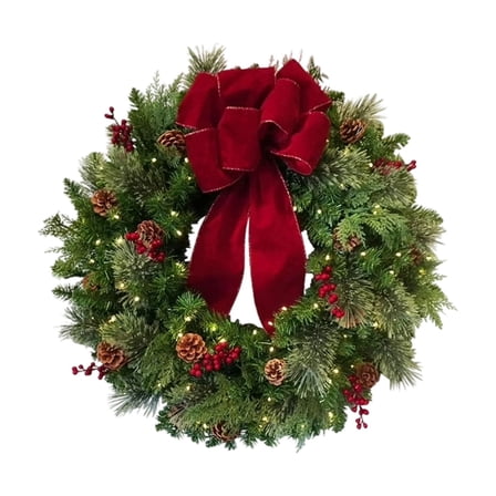 Pre-Lit Artificial Christmas Wreath,Artificial Christmas Garland For Front Door With Red Bow,Cones,Red Berries,LED Lights For Christmas Decor