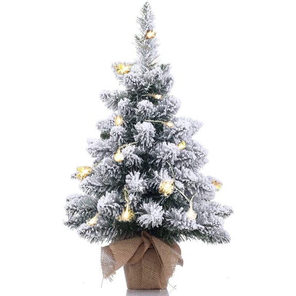 Pre-Lit Artificial Mini Christmas Tree,20 Inch Snow Flocked Small Pine Xmas Tree with 40 LED Lights,70 Branch Tips,Battery Operated Tabletop Christmas Tree Burlap Base-(50cm)