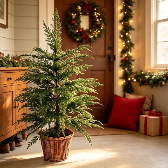 Pre-Lit Artificial Norfolk Pine Tree, Powered Twinkle Lighted Potted Christmas Tree, Small Tabletop Artificial Pine, Indoor Christmas Decor for Home Office Desk & Holiday Gift