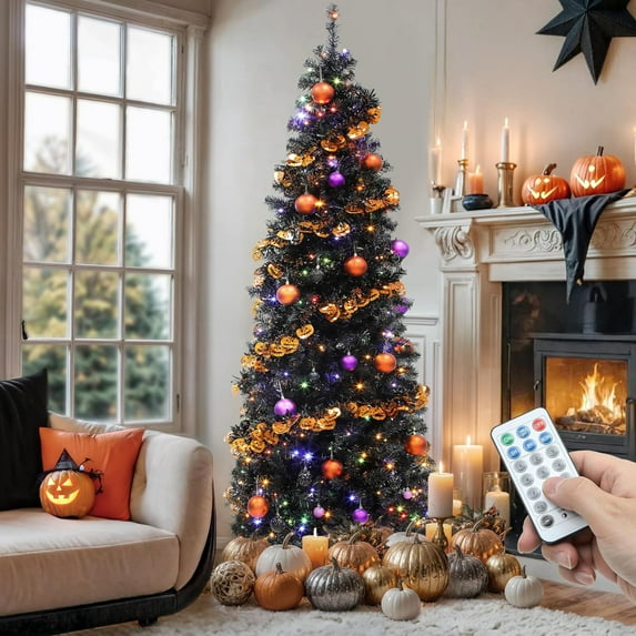 Pre-Lit Artificial Pencil Christmas Tree with Remote, Fraser Fir, Slim Green Christmas Tree with 700 Branch Tips and 200 Lights