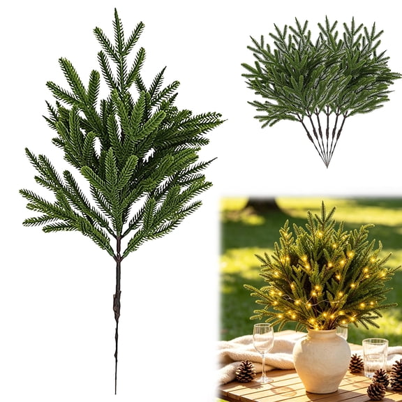 Pre-Lit Artificial Pine Branches, LED Twinkling Christmas Greenery Stems, 5 Pcs Faux Evergreen Tree Sprigs with Battery Operated Light String, Green Pine Needle Picks for Home Mantel Vase Decor