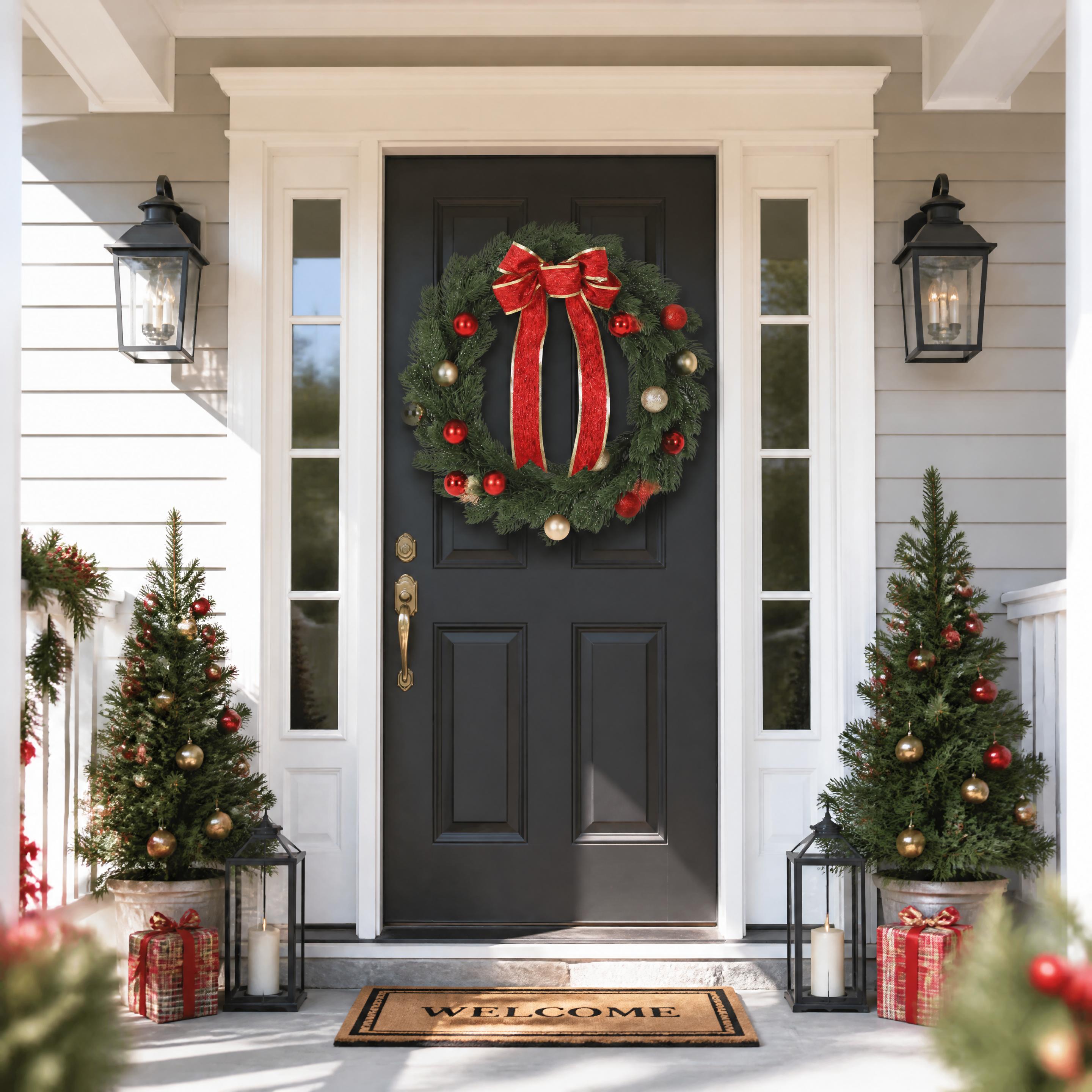 Pre-Lit Artificial Pine Christmas Wreath for Front Door - LED Lights - Red Bow & Red/Gold Ball Ornaments - Indoor/Outdoor Holiday Mantel Wall Decor