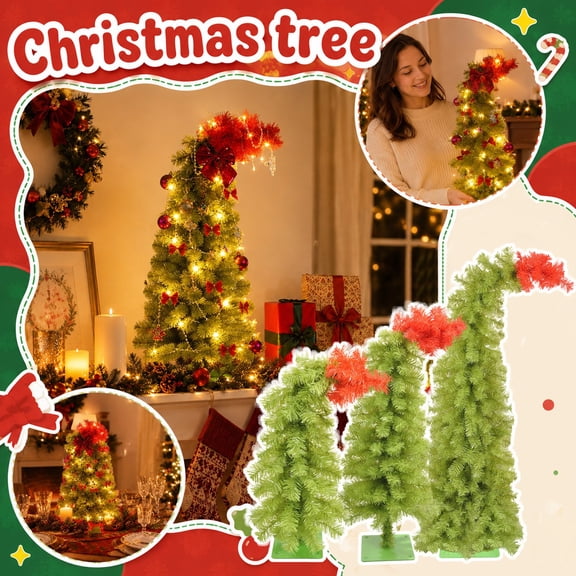 Pre-Lit Bent Top Artificial Christmas Tree with Fairy Lights, 23.6" Slanted Pine Tree with Battery Operated Warm Lights & Square Stand, Curved Xmas Tree for Fireplace Table Holiday Decor