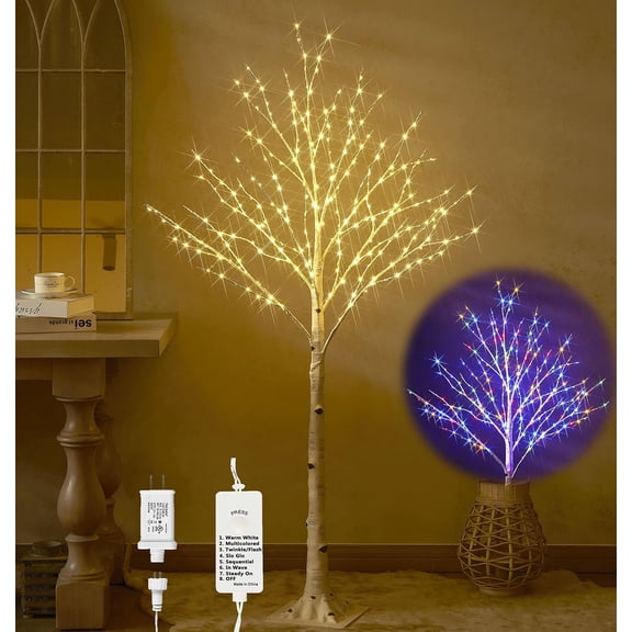 Pre Lit Birch Tree with 255L Multi Color and Warm White Fairy Lights 8 Functions 5FT, Lighted Tree for Indoor Outdoor Halloween Christmas Holiday Party Decoration