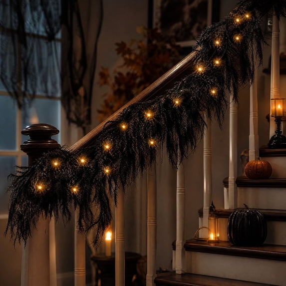 Pre‑Lit Black Halloween Pine Garland with Warm LED Lights, 1.8M Lighted Hanging Garland for Front Door Arch Mantel Halloween Decor
