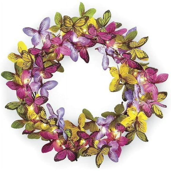 Pre-Lit Butterfly Wreath for Front Door, 18 Spring Summer Wall Decoration, Battery Operated with Timer