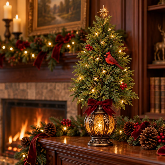 Pre-Lit Cardinal Tree, vase base lighted seasonal tree with glowing details, blends natural berry and bird styling to complement rustic and traditional Christmas decor (11.8in*5.9in)