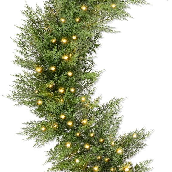 Pre-Lit Cedar Cypress Christmas Garland w/ Twinkling LEDs, 6Ft Realistic Indoor Holiday Decor for Door, Mantle, Battery