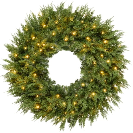Pre-Lit Cedar Cypress Christmas Wreath w/ Twinkling LEDs,  Realistic Large Indoor/Outdoor Holiday Decor, Plug-In- 48in