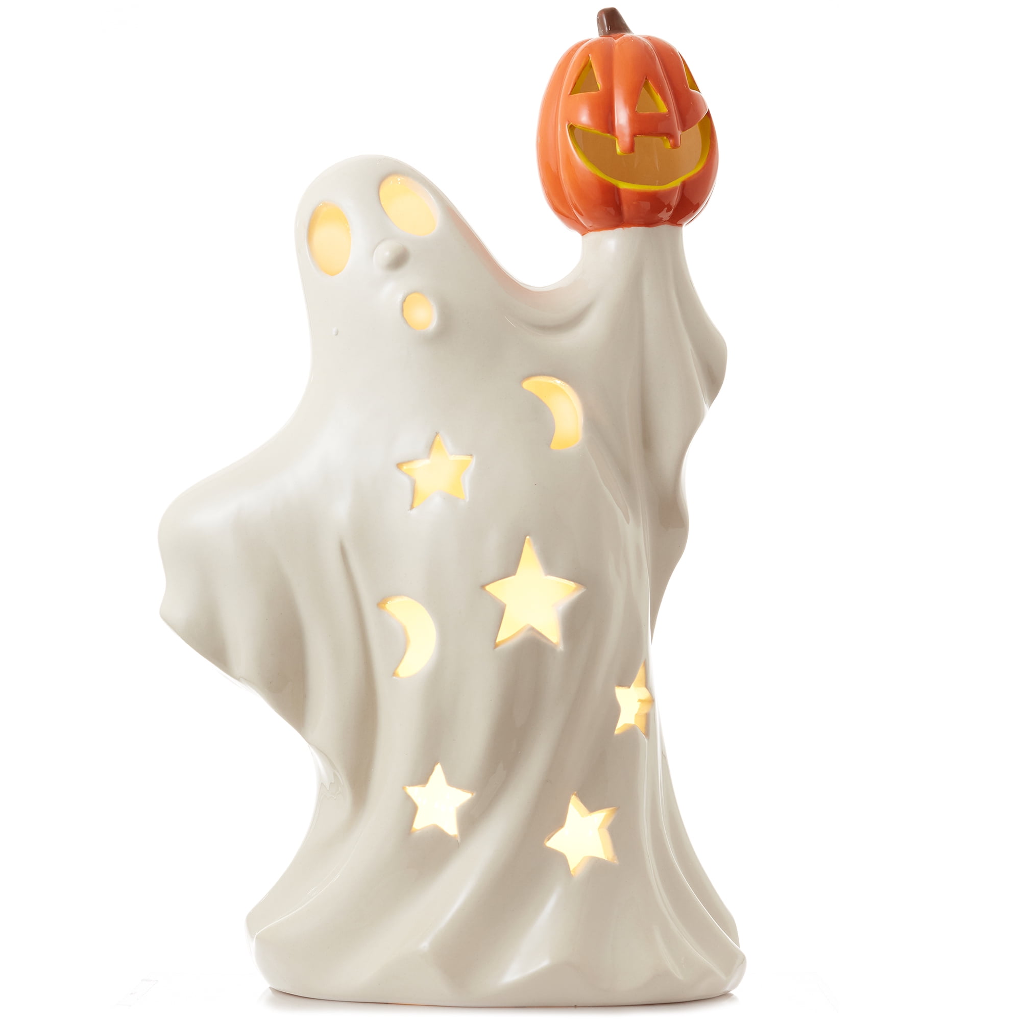 Hand-Painted Ceramic Halloween Ghost with Pumpkin LED Decor
