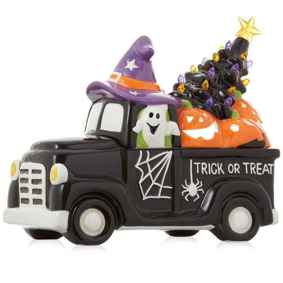 Pre-Lit Ceramic Halloween Truck with Pumpkin Hand-Painted Tabletop Decor