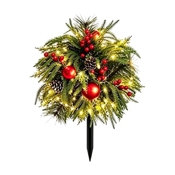 Pre-Lit Christmas Flowers Artificial,Winter Flowers Artificial for Decoration, 23.6 Faux Flowers for Outdoor Planters with Ground Stake,UV Resistant Christmas Decor with Berries for Garden Porch