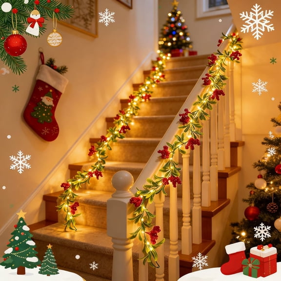 PreLit Christmas Garland, 6 ft Holly Leaf Vine with Red Berry Clusters, 35 Warm LED Lights for Mantel Stair Railing and Doorway, Holiday Home Decor