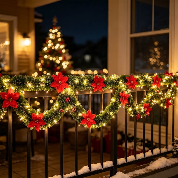 Pre-Lit Christmas Garland Decorations, LED Lighted Artificial Pine Garlands - Real Touch Garland Christmas Greenery Garlands for Table Mantle Fireplace Stairs Indoor Outdoor