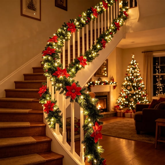 Pre-Lit Christmas Garland Decorations, LED Lighted Artificial Pine Garlands - Real Touch Garland Christmas Greenery Garlands for Table Mantle Fireplace Stairs Indoor Outdoor