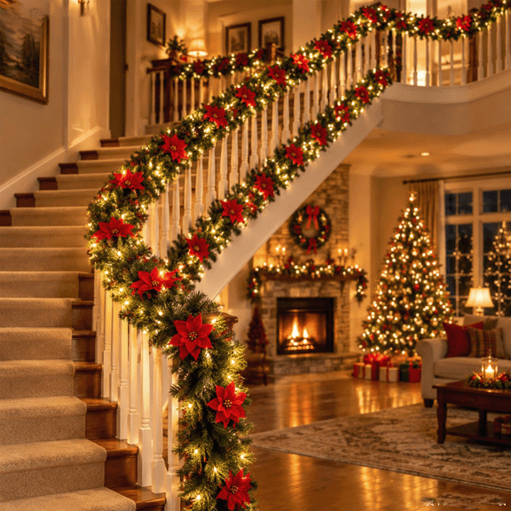 18.7 Ft Pre-Lit Christmas Garland with LED Lights, Style B Lighted Xmas Garland with Ornaments for Balcony Mantel Stair Handrail